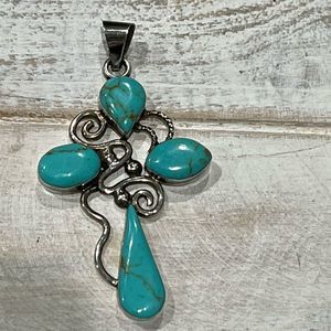 Unique Genuine Turquoise Sterling Silver Cross Pendant